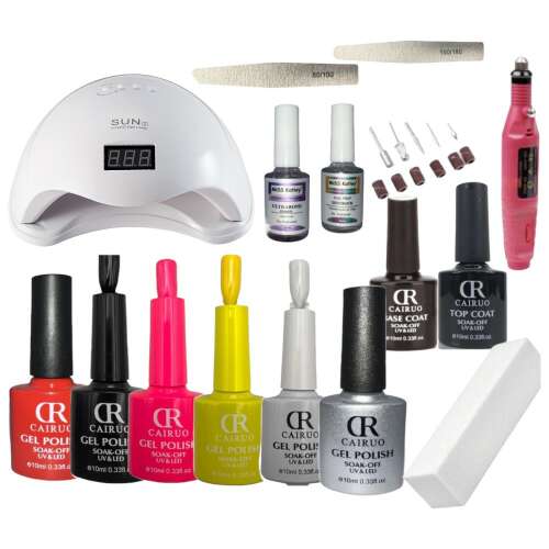 Cairuo gél lakk kezdő szett UV/LED lámpával, kézi csiszológéppel és köröm díszítő kiegészítőkkel
