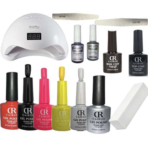 Cairuo gél lakk kezdő szett UV/LED lámpával, 6 színnel, alapozóval, fedőlakkal, köröm előkészítővel, primerrel, bufferrel és reszelőkkel