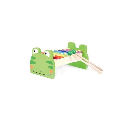 Frog-shaped wooden xylophone with colorful metal bars and two wooden mallets