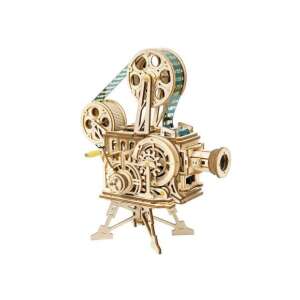 Wooden 3D model of a vintage film projector, assembled, with film reel and gears - Model, mock-up