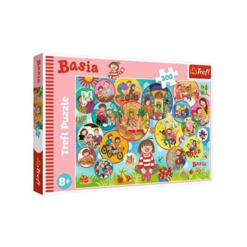 Trefl 300 darabos puzzle gyerekeknek, Basia, a piros-fehér csíkos lány szerepel rajta, színes illusztrációban, buborékokkal, amelyek különböző tevékenységeket ábrázolnak - Trefl
