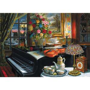 Trefl 2000 piece jigsaw puzzle, The Music Room, featuring a piano, violin, flowers, and a lamp - Puzzle