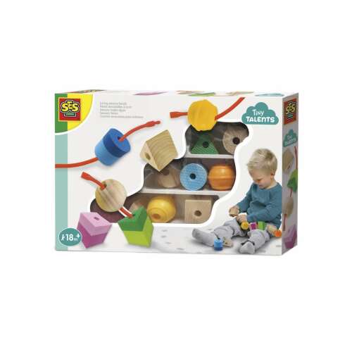 SES Creative Tiny Talents Sensorische Perlen Holzspielzeug für Kleinkinder, ab 18 Monaten, Enthält bunte Formen, Perlen und Schnüre zum Aufreihen und Stapeln