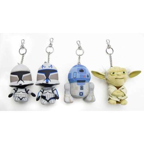 Star Wars 12 cm plüss kulcstartók, R2-D2, Yoda és két klón katona szerepel rajtuk - Kulcstartó
