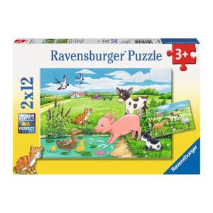 Puzzle Ravensburger cu 2x12 piese pentru copii, cu animale de la fermă pe o pajiște verde - Puzzle 3D & Puzzle cu burete
