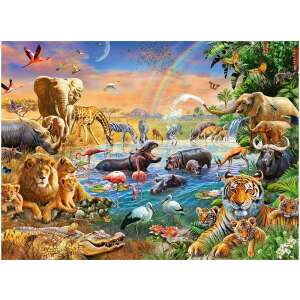 100 piece puzzle of animals at a watering hole in the savanna - Puzzle