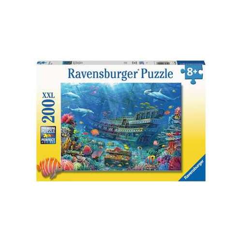 Ravensburger Sunken Ship XXL Puzzle 200 elementów, przedstawiający zatopiony statek, kolorowe ryby i rafę koralową