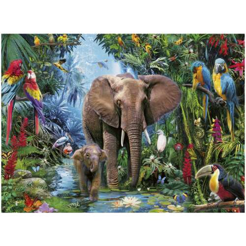 Ravensburger 150 piece puzzle featuring an elephant and baby elephant in a jungle setting with colorful birds and flowers