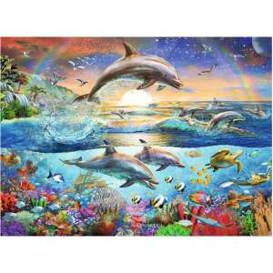Ravensburger Dolphin Paradise puzzle, showing the completed puzzle with dolphins jumping out of the water - Puzzle