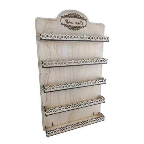 Fából készült körömlakk polc 5 polccal, lézervágással, nyír rétegelt lemezből, falra szerelhető, akár 40 körömlakkot is elfér, "Mini nails" felirattal személyre szabható
