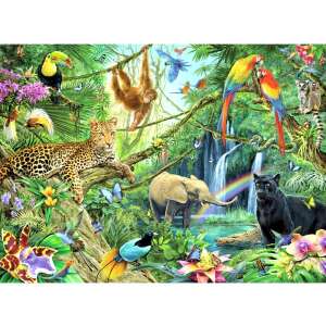 Scenă din junglă cu animale precum leopardul, elefantul și tucanul, parte a puzzle-ului Ravensburger 200 piese XXL - Ravensburger