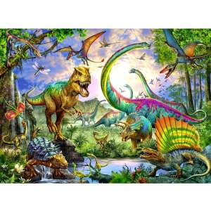 Puzzle Ravensburger 200 elementów XXL z dinozaurami, przedstawiające kolorową scenę z różnymi dinozaurami, w tym T-Rexem, Triceratopsem i Pterodaktylami - Ravensburger Puzzle