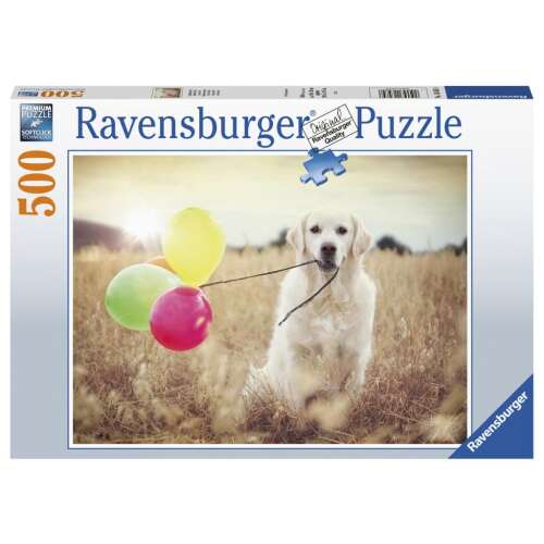 Ravensburger 500 piece puzzle featuring a Golden Retriever holding balloons in a field