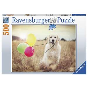 Puzzle Ravensburger cu 500 de piese cu un Golden Retriever care ține baloane într-un câmp - Puzzle 3D & Puzzle cu burete
