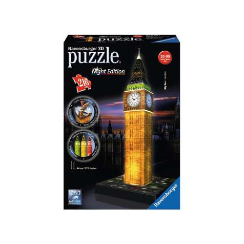 Ravensburger Puzzle - 3D . Épületek sorozat. 216 db-os, Színváltóan világít - Big Ben éjszaka