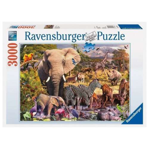 Puzzle Ravensburger 3000 dielikov, Africké zvieratá, divočina, safari, príroda, slon, zebra, žirafa, nosorožec, hroch