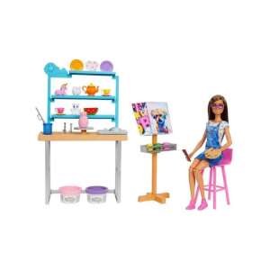 Barbie doll sitting on a stool in her art studio, painting a canvas - Barbie Baba