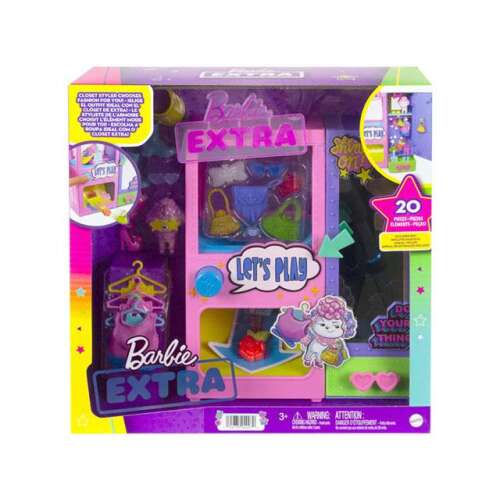 Set de joacă Barbie Extra Fashion Closet, un dulap de jucărie roz și violet cu o mașină de modă surpriză, include 20 de articole vestimentare și accesorii