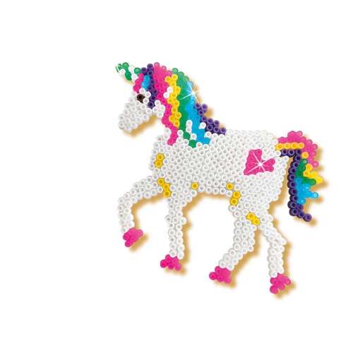 Bügelperlen-Einhorn, weißes Einhorn mit Regenbogenmähne und -schwanz, hergestellt mit SES Beedz