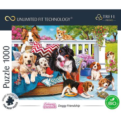 Trefl Kutya barátság 1000 darabos puzzle doboz, egy csoportos kutyák játszanak a verandán - Puzzle és kirakó