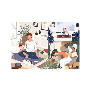 Trefl Prime UFT 1000 piece jigsaw puzzle, Yoga, Cats & Coffee, Peace of Mind, featuring a man meditating with a cat, a woman doing yoga, and a woman relaxing with a cat - Trefl Puzzle