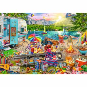 Trefl Lakókocsis Utazás 1000-teiliges Puzzle, das eine Campingszene am See mit Wohnwagen, Picknick und Wildtieren darstellt. - Trefl Puzzle