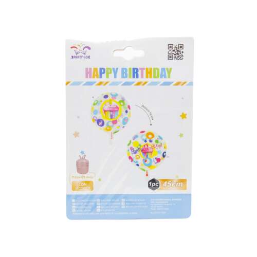 Balon foliowy Happy Birthday, 45cm, wzór z babeczką, nadmuchany helem lub powietrzem