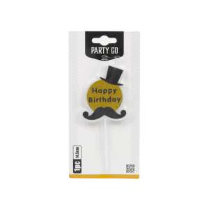 Happy Birthday gyertya bajusszal és kalappal, 14 cm - Party Go