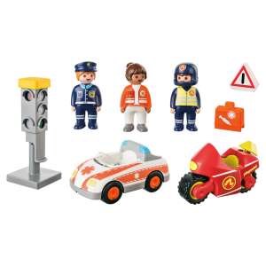 Playmobil 1-2-3 Hétköznapi hősök játékkészlet, rendőrrel, tűzoltóval, mentőssel, motorral, autóval és közlekedési lámpákkal - Playmobil 1-2-3