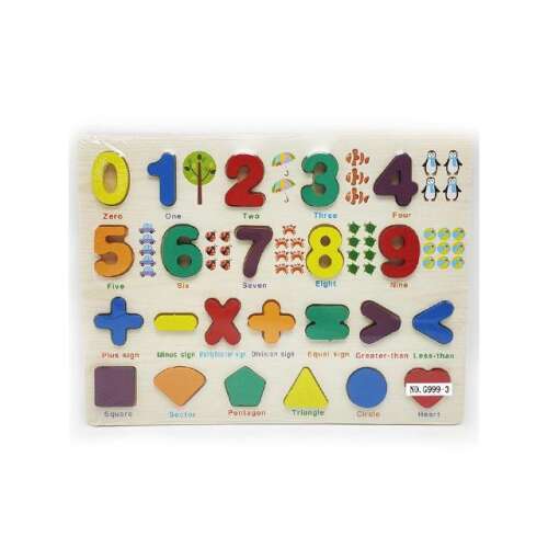 Puzzle din lemn cu numere și forme pentru copii, învață numere, forme și simboluri matematice