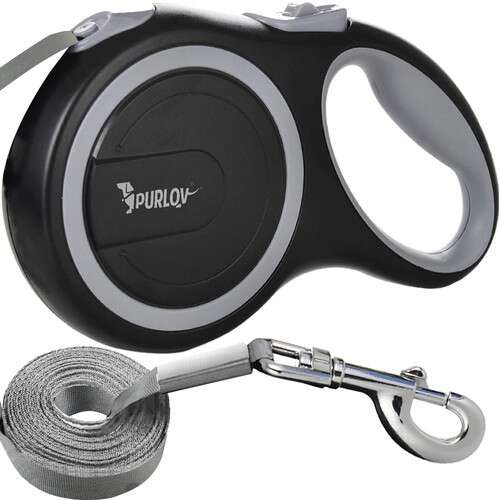 PURLQV automatic retractable dog leash, black and grey, 5 meters long, for dogs up to 15kg