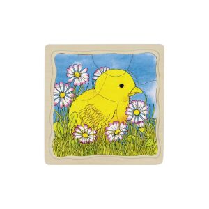 Csirkés réteges forma puzzle: Csibés fa puzzle virágokkal - Goki