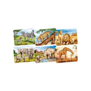 Mini Holzpuzzle mit 6 verschiedenen Tierbildern: Zebra, Leopard, Löwe, Elefant, Nashorn, Giraffe - Goki