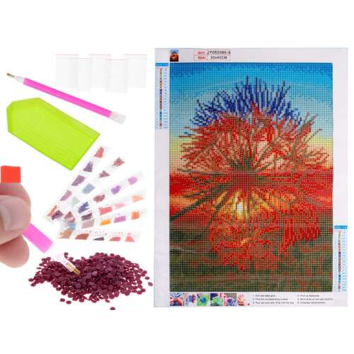 Diamond painting kit with a dandelion design, includes canvas, diamonds, tools, and instructions