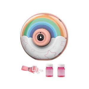 Bubble Camera Rainbow Series, suflantă de bule roz cu design cu curcubeu, pentru copii, jucărie cameră, face bule, vine cu 2 sticle de soluție pentru bule, include o curea - Bule de sapun