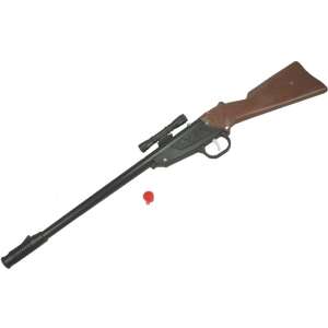 Brązowy i czarny plastikowy karabin myśliwski z celownikiem i czerwonym korkiem, Játék vadászpuska - Zabawkowy karabin, nabój