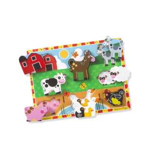 Melissa & Doug Puzzle cu piese groase Animale de la fermă, puzzle din lemn cu 8 piese pentru bebeluși, cu animale de la fermă, cum ar fi o vacă, un porc, un cal, o oaie, o capră, o rață și o găină - Melissa & Doug Jocuri de dezvoltare pentru copii mici