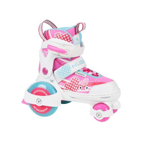Hudora verstellbare Inline-Skates für Kinder, Größe 26-29, weiß, rosa, blau, mit Herz-Design