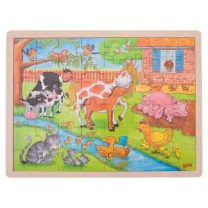 Puzzle din lemn cu animale de la fermă Goki, 48 de piese, cu cal, vacă, porc, rață, pisică și alte animale de la fermă - Puzzle 3D & Puzzle cu burete