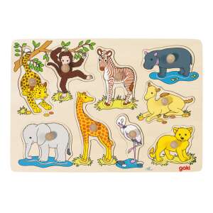 Goki 9-teiliges Tierpuzzle mit Griffen, mit Zebra, Giraffe, Elefant, Löwe, Affe, Nilpferd, Kamel, Flamingo und Leopard - Goki
