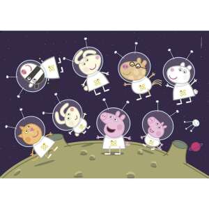 Peppa Pig Happy Color Double Face 60 Piece Coloring Puzzle, completed puzzle showing Peppa Pig and friends in space suits - Clementoni