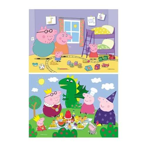 Puzzle Peppa Pig Supercolor 2 în 1, arătând ambele puzzle-uri, unul cu Peppa Pig și familia ei în dormitorul lor, iar celălalt cu Peppa Pig și familia ei la picnic