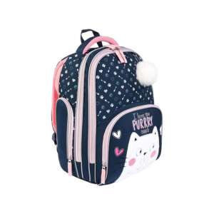 Kitty prémium kétrekeszes iskolatáska, kék színben rózsaszín díszítéssel és cicás mintával, 37x20x31cm - Unipap