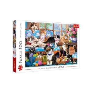 Puzzle Trefl 500 elementów, Macska család, przedstawiające kolorowe ilustracje kotów bawiących się włóczką - Trefl Puzzle