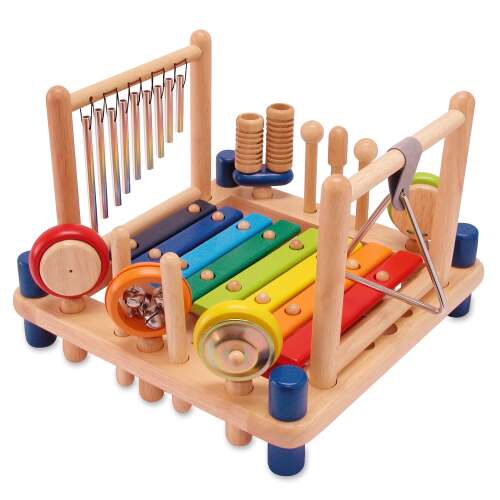 Fa hangszerkészlet gyerekeknek, tartalmaz xilofont, dobot, triangulumot, csörgőt, dobverőt és még sok mást