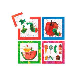 Piesele puzzle-ului Omida foarte flămândă 4 în 1, arătând diferitele imagini ale puzzle-ului: omida, un măr, pepene verde și dulciuri - Puzzle 3D & Puzzle cu burete