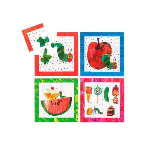 Piesele puzzle-ului Omida foarte flămândă 4 în 1, arătând diferitele imagini ale puzzle-ului: omida, un măr, pepene verde și dulciuri