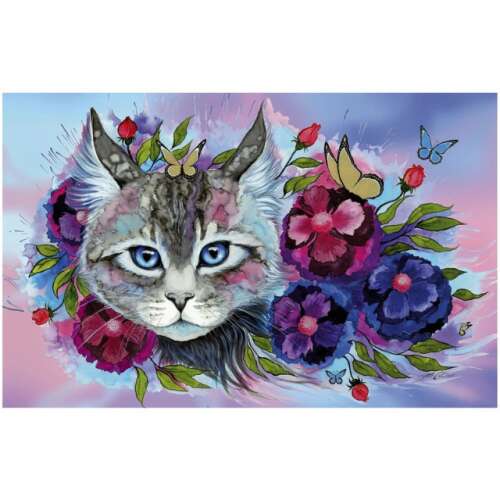 Puzzle Ravensburger s 200 dielikmi, zobrazujúce mačku s modrými očami obklopenú kvetmi a motýľmi