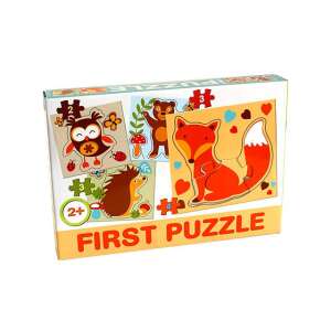 D-Toys First Puzzle, puzzle din lemn cu 4 piese pentru copii mici, cu animale din pădure, cum ar fi vulpea, bufnița, ursul și ariciul - Puzzle 3D & Puzzle cu burete