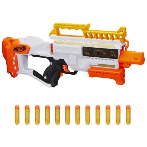 Nerf Ultra Dorado szivacslövő fegyver dartsokkal fehér háttérrel